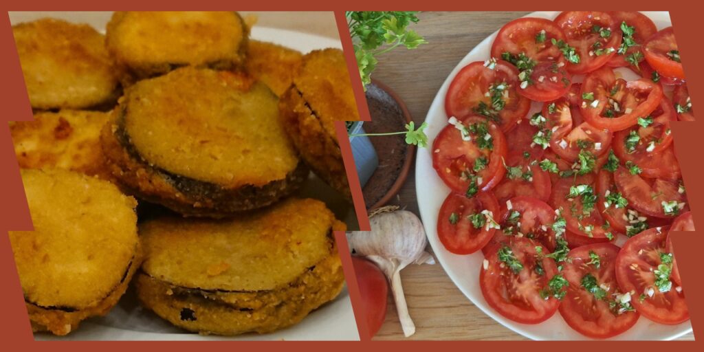 San Jacobos de berenjenas a tomates aliñados